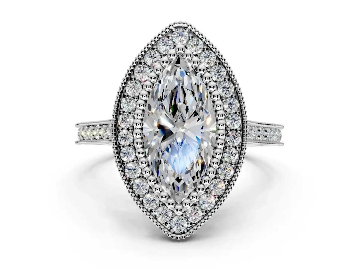 Halo Engagement Ring Setting for Marquise Center with Milgrain Frame, Pave Band and Prong Head in Platinum
