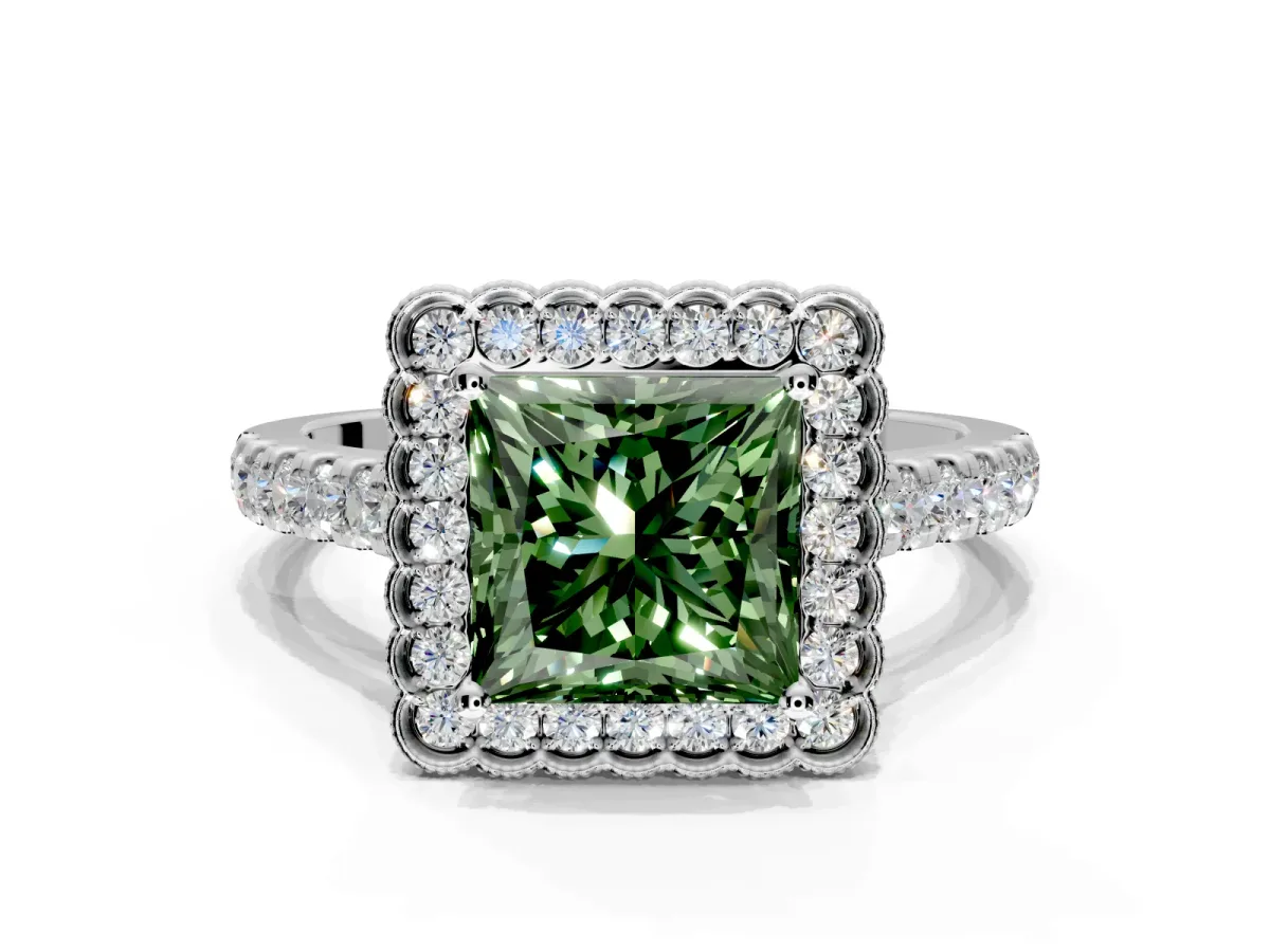 Milgrain Floral Halo Engagement Ring Setting for Fancy Green Princess Cut Center with Pave Band and Prong Head in Platinum
