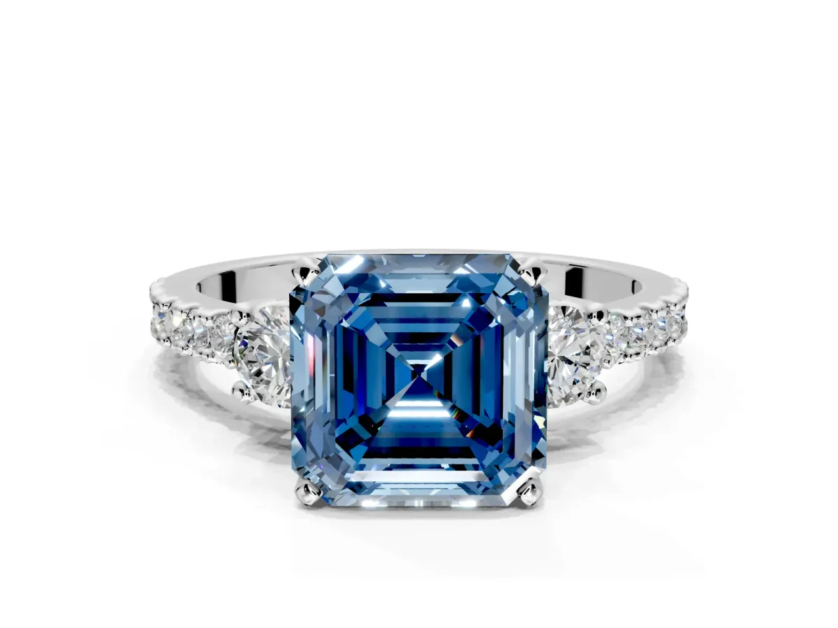 3 Stone Engagement Ring Setting for Fancy Blue Asscher Cut Center with Round Cut Side Accents and Prong Head in Platinum