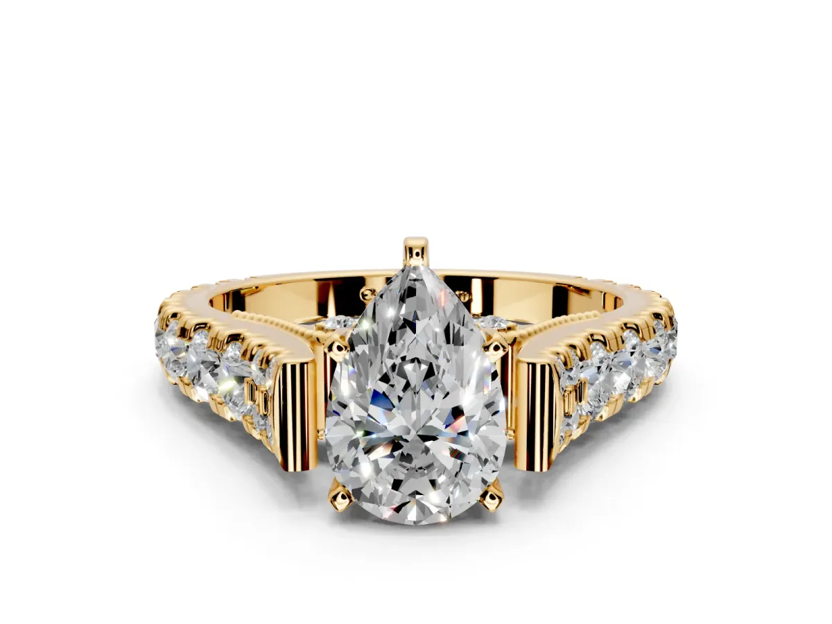 Solitaire Engagement Ring Setting for Pear-Shaped Center with Pave Cathedral Shoulders and Prong Head in Yellow Gold