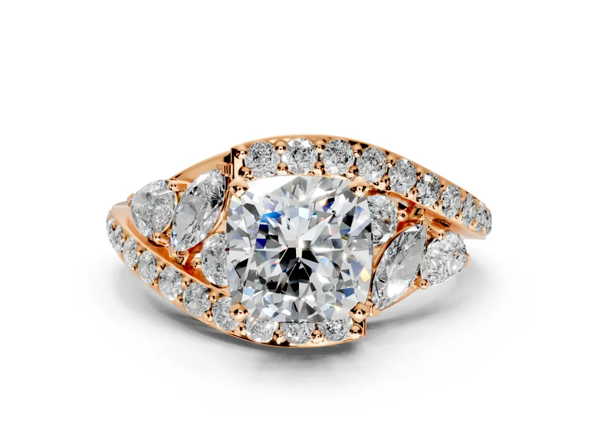 Halo Engagement Ring Setting for Cushion Cut Center with Marquise and Pave Bypass Band and Prong Head in Rose Gold