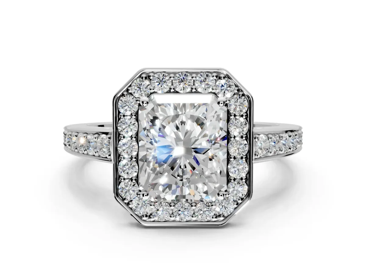 Bezel-Framed Halo Engagement Ring Setting for Radiant Cut Center with Pave Band and Prong Head in Platinum
