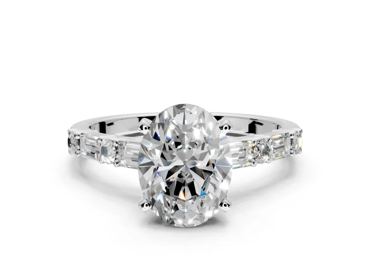 Baguette Engagement Ring Setting for Oval Center with Alternating Bar-Set Band and Prong Head in White Gold