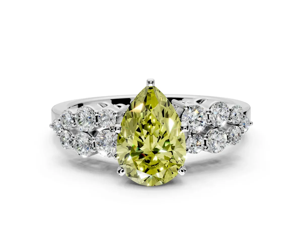Cluster Engagement Ring Setting for Fancy Yellow Pear-Shaped Center with 2-Row Shoulder Clusters and Prong Head in Platinum