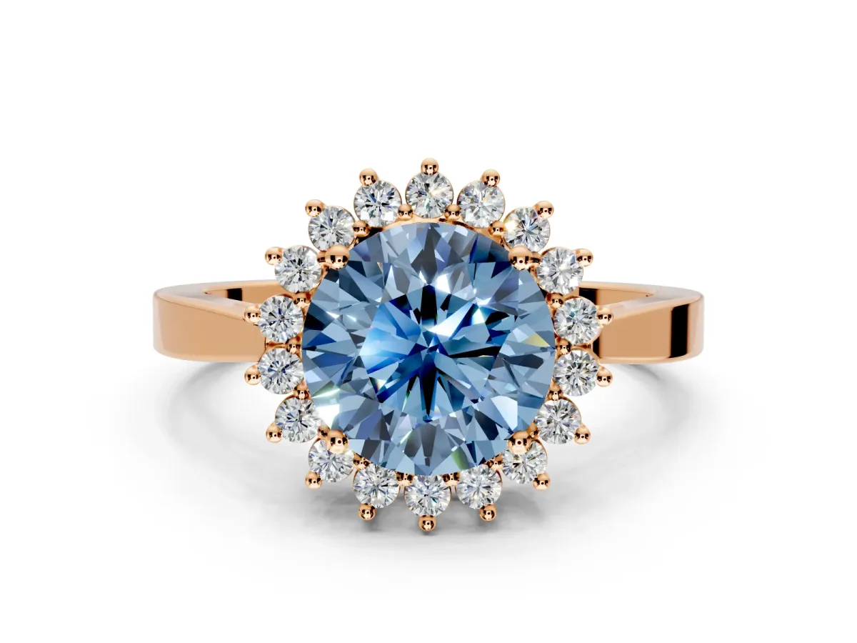 Starburst Halo Engagement Ring Setting for Fancy Blue Round Cut Center with Flat Cathedral Band and Prong Head in Rose Gold