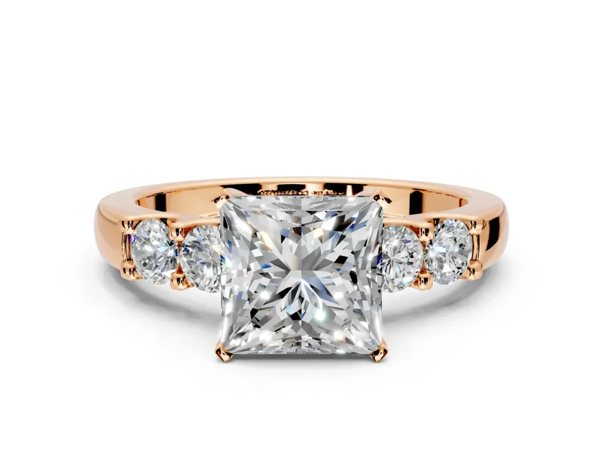5 Stone Engagement Ring Setting for Princess Cut Center with Plain Band and Prong Head in Rose Gold