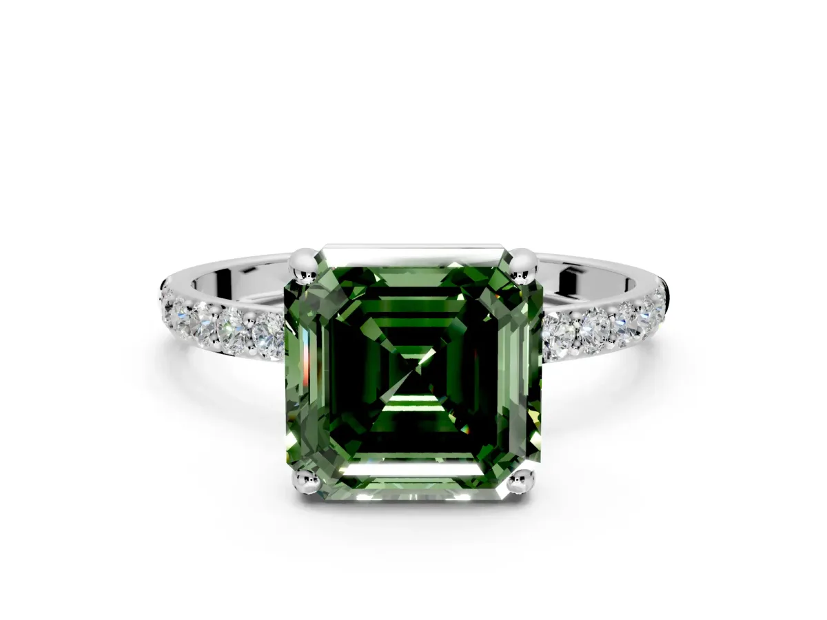 Solitaire Engagement Ring Setting for Fancy Green Asscher Cut Center with Pave Accents and Prong Head in Sterling Silver