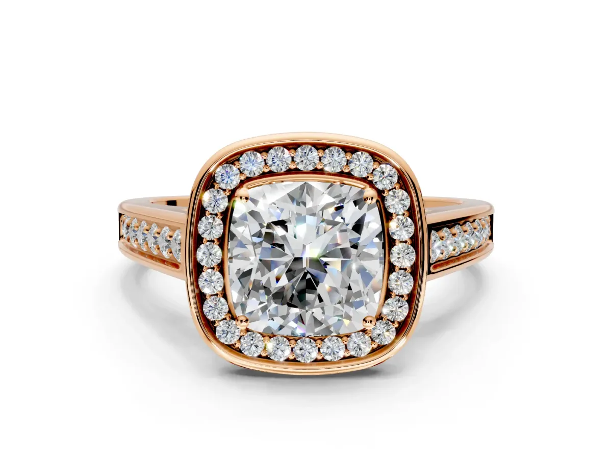 Halo Engagement Ring Setting for Cushion Cut Center with Outer Bezel Rim, Pave Band and Prong Head in Rose Gold