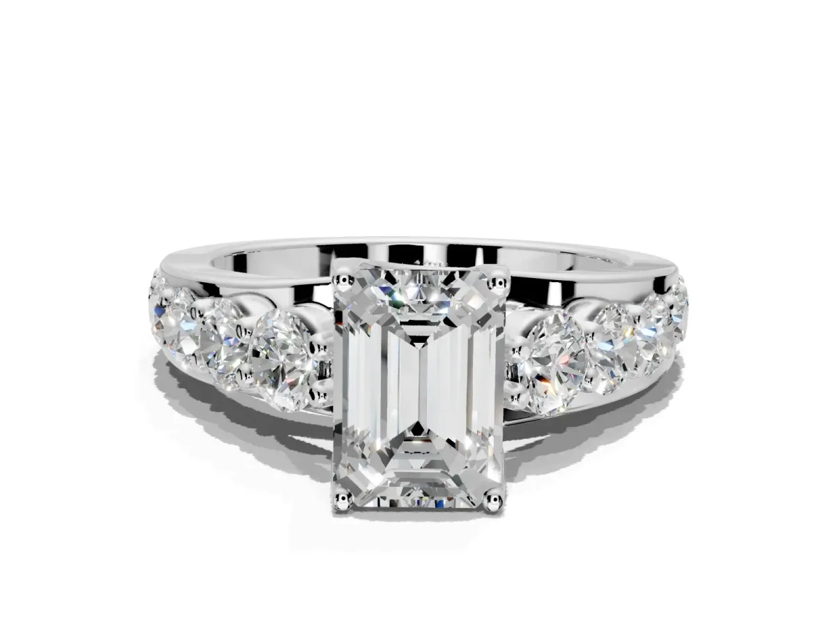 Solitaire Engagement Ring Setting for Emerald Cut Center with Graduated Shared Prongs and Prong Head in Sterling Silver