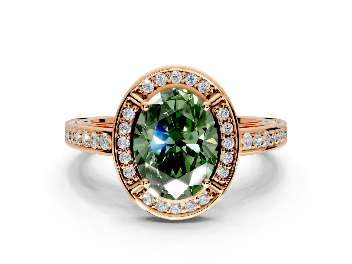 Halo Engagement Ring Setting for Fancy Green Oval Center with Framed Halo, Pave Band and Prong Head in Rose Gold