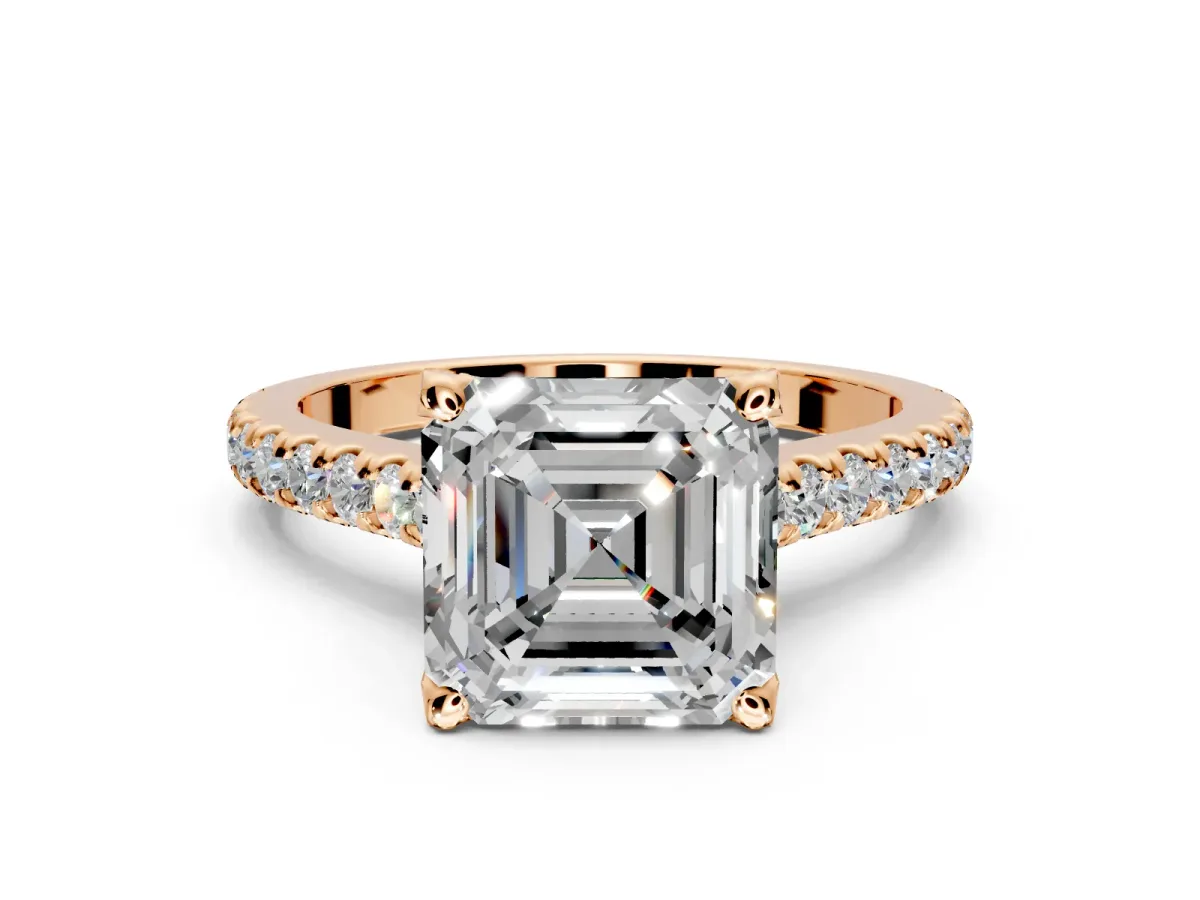 Solitaire Engagement Ring Setting for Asscher Cut Center with Widening Pave Band and Claw Prong Head in Rose Gold