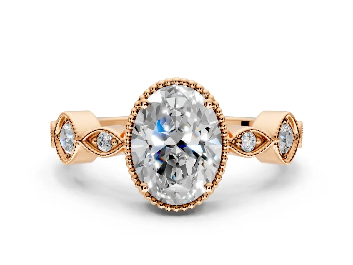 Vintage Station Engagement Ring Setting for Oval Center with Accents and Prong Head in Rose Gold