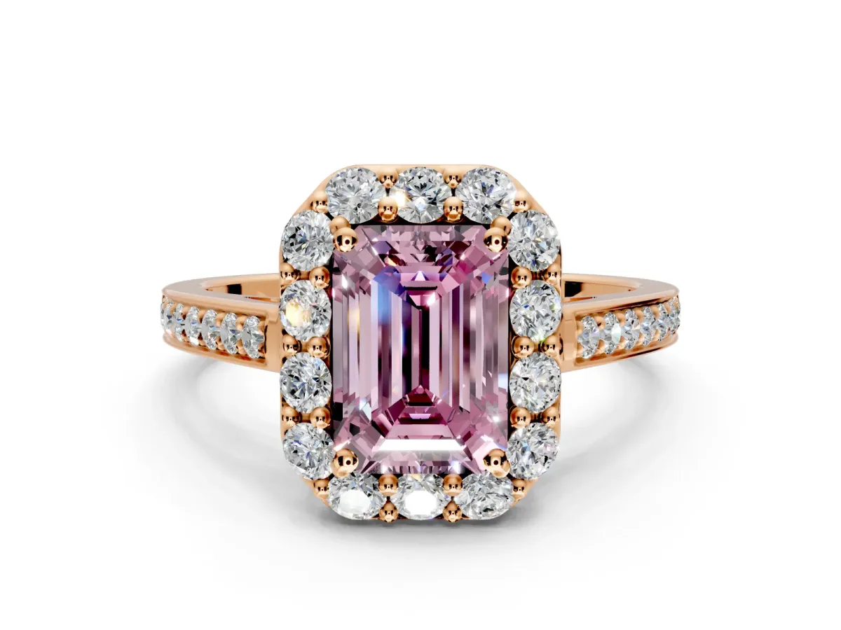 Floral Halo Engagement Ring Setting for Fancy Pink Emerald Cut Center with Large Halo Accents and Prong Head in Rose Gold