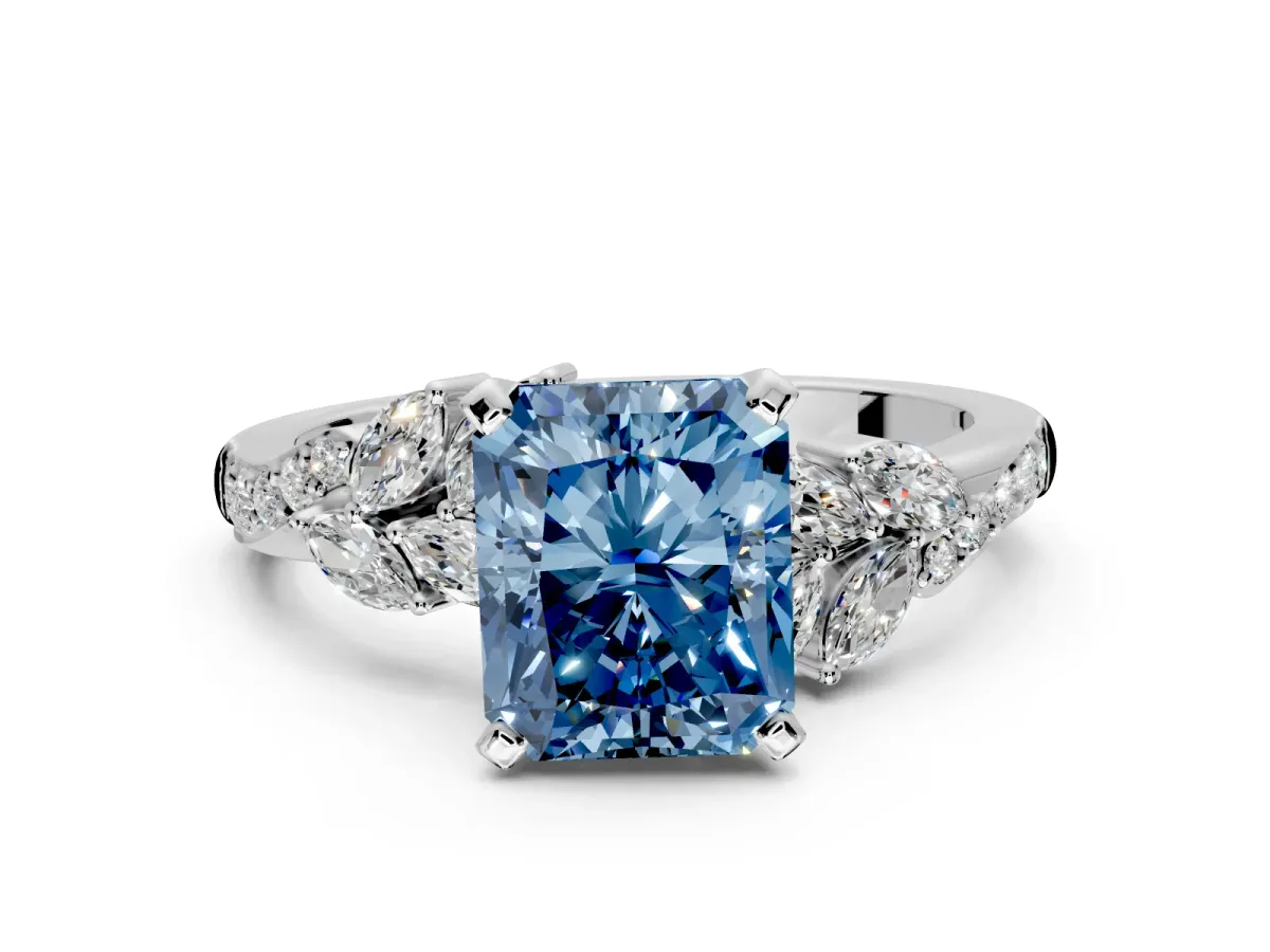 Solitaire Engagement Ring Setting for Fancy Blue Radiant Cut Center with Marquise Accent Twist Band and Prong Head in White Gold
