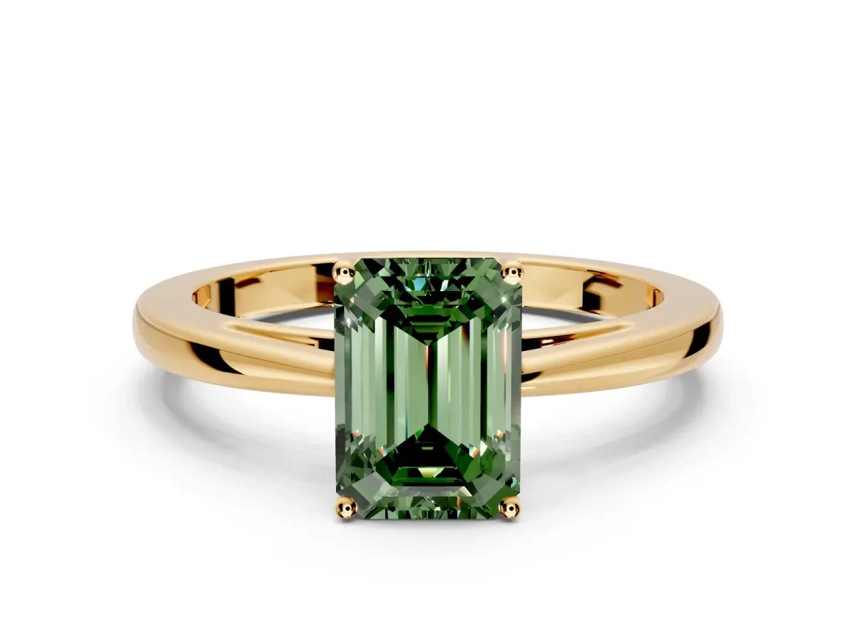 Solitaire Engagement Ring Setting for Fancy Green Emerald Cut Center with Open Cathedral Shoulders and Prong Head in Yellow Gold