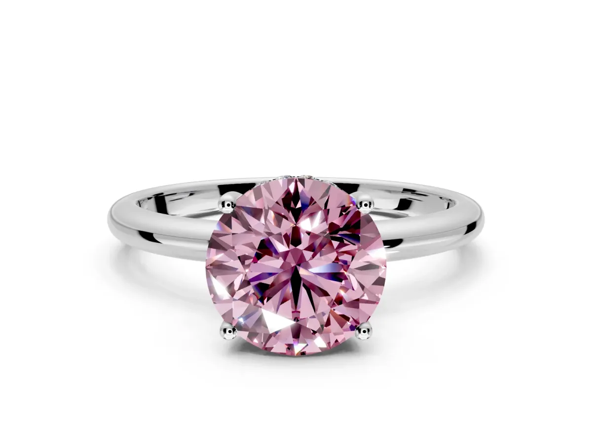 Hidden Halo Engagement Ring Setting for Fancy Pink Round Cut Center with Thin Round-Wire Band and Prong Head in Platinum