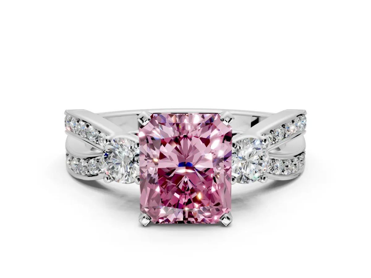 3 Stone Engagement Ring Setting for Fancy Pink Radiant Cut Center with Pave Twist Band and Prong Head in White Gold