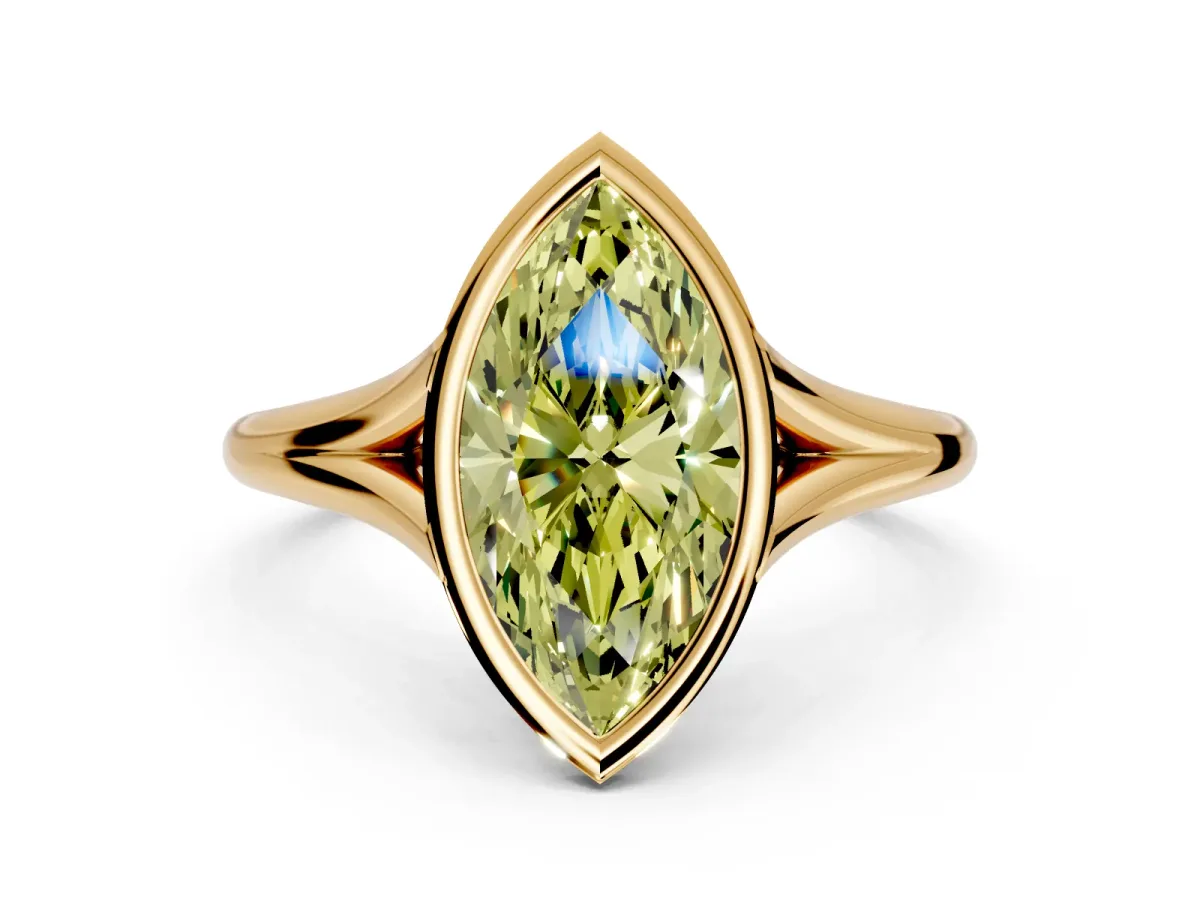 Solitaire Engagement Ring Setting for Fancy Yellow Marquise Center with V Split Shank and Bezel Head in Yellow Gold