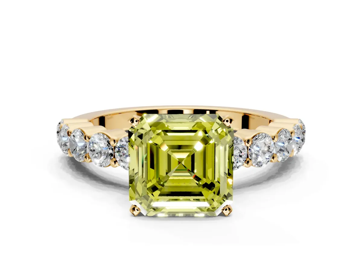 Shared-Prong Engagement Ring Setting for Fancy Yellow Asscher Cut Center with Graduated Accents and Prong Head in Yellow Gold