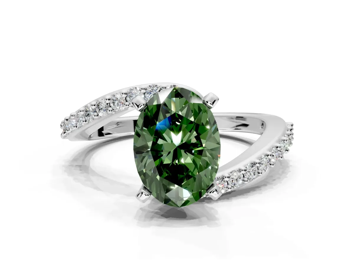 Solitaire Engagement Ring Setting for Fancy Green Oval Center with Pave Bypass Swirl Band and Prong Head in Platinum