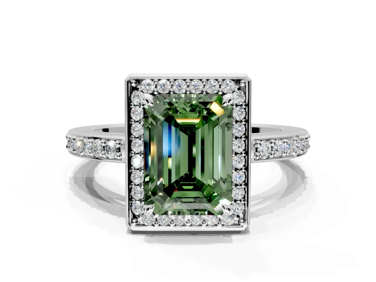 Halo Engagement Ring Setting for Fancy Green Emerald Cut Center with Metal-Rimmed Halo, Pave Band and Prong Head in White Gold