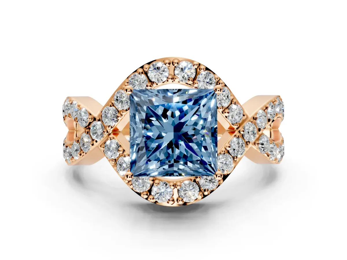 Halo Engagement Ring Setting for Fancy Blue Princess Cut Center with Pave Infinity Twist Band and Prong Head in Rose Gold