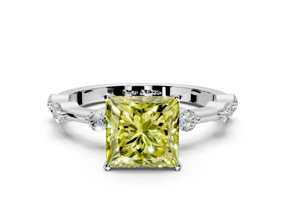 Solitaire Engagement Ring Setting for Fancy Yellow Princess Cut Center with Bezel Station Band and Prong Head in Platinum
