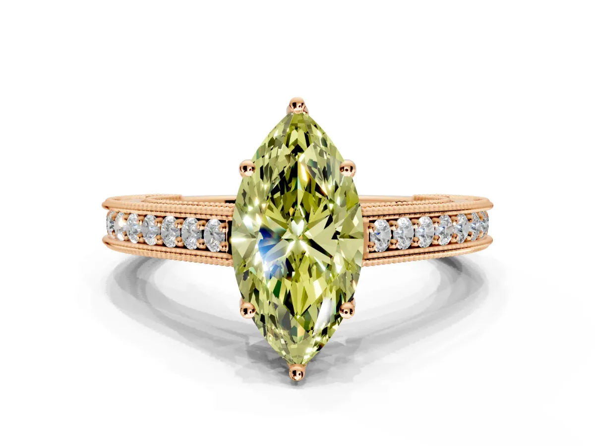 Solitaire Engagement Ring Setting for Fancy Yellow Marquise Center with Engraved Pave Band and Prong Head in Rose Gold