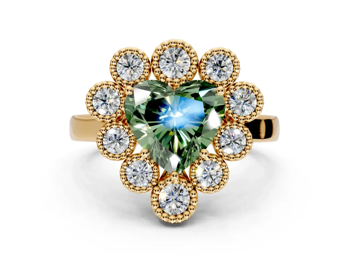 Cluster Halo Engagement Ring Setting for Fancy Green Heart-Shaped Center with Milgrain Bezel Accents and Prong Head in Yellow Gold