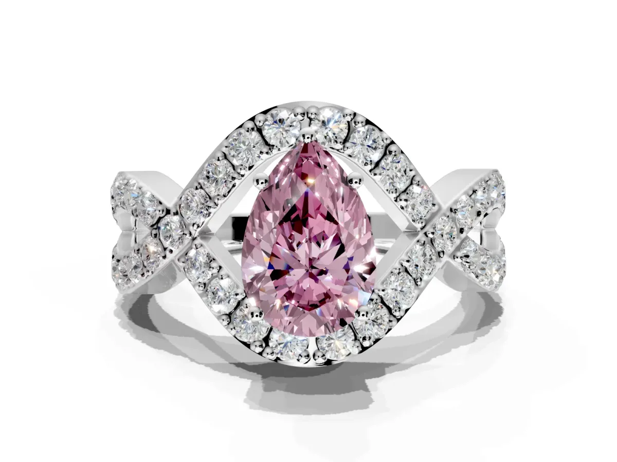 Halo Engagement Ring Setting for Fancy Pink Pear-Shaped Center with Pave Infinity Twist Band and Prong Head in Sterling Silver