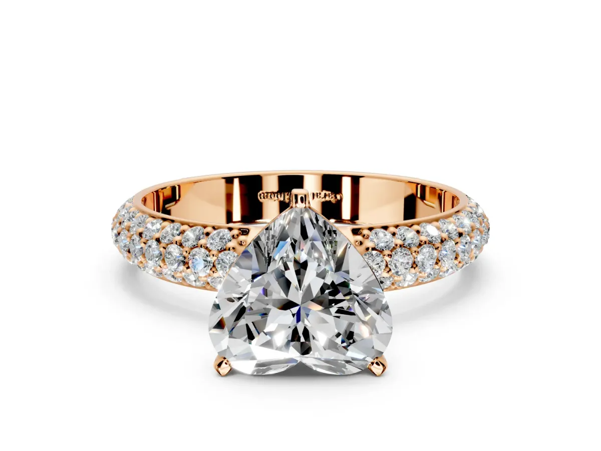 Solitaire Engagement Ring Setting for Heart-Shaped Center with Domed Multi-Row Pave Band and Prong Head in Rose Gold