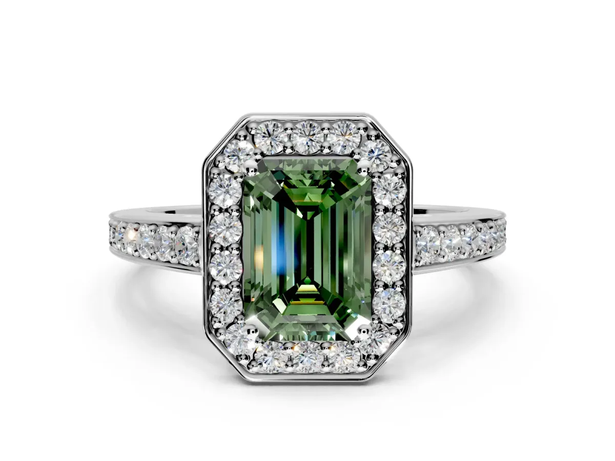 Bezel-Framed Halo Engagement Ring Setting for Fancy Green Emerald Cut Center with Pave Band and Prong Head in Sterling Silver
