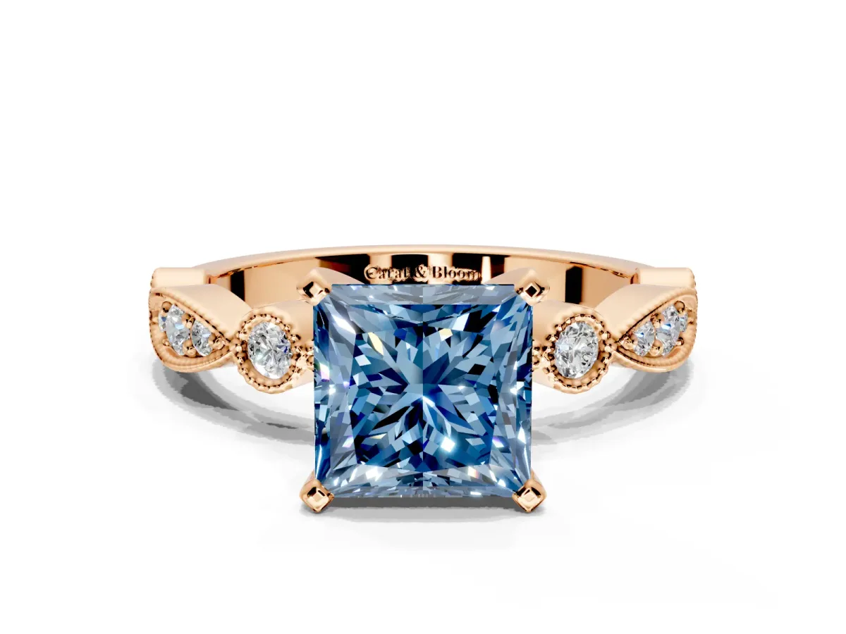 Solitaire Engagement Ring Setting for Fancy Blue Princess Cut Center with Milgrain Bezel Accents and Prong Head in Rose Gold