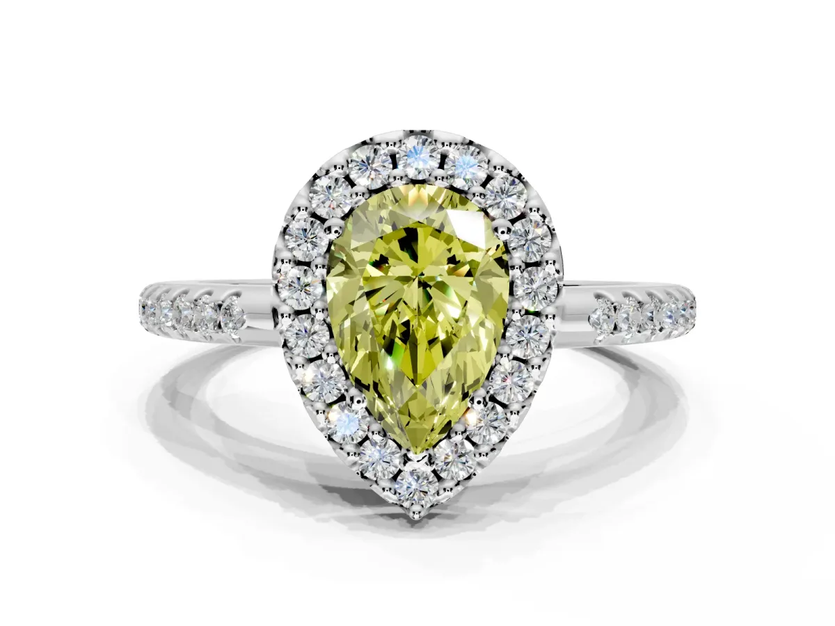 Pave Halo Engagement Ring Setting for Fancy Yellow Pear-Shaped Center with Single Row Pave Band and Prong Head in White Gold