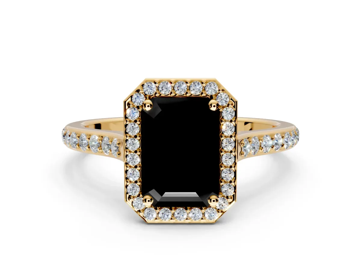 Halo Engagement Ring Setting for Fancy Black Emerald Cut Center with Pave Accents, Heart Basket and Prong Head in Yellow Gold