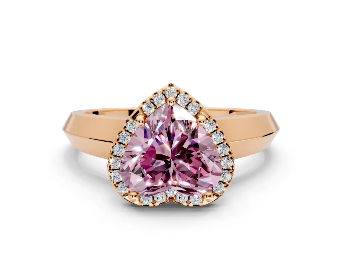Halo Engagement Ring Setting for Fancy Pink Heart-Shaped Center with Knife Ridge Cathedral Band and Prong Head in Rose Gold