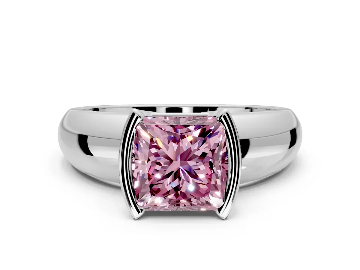 Tension Engagement Ring Setting for Fancy Pink Princess Cut Center with Wide Flat Band and Tension Head in White Gold