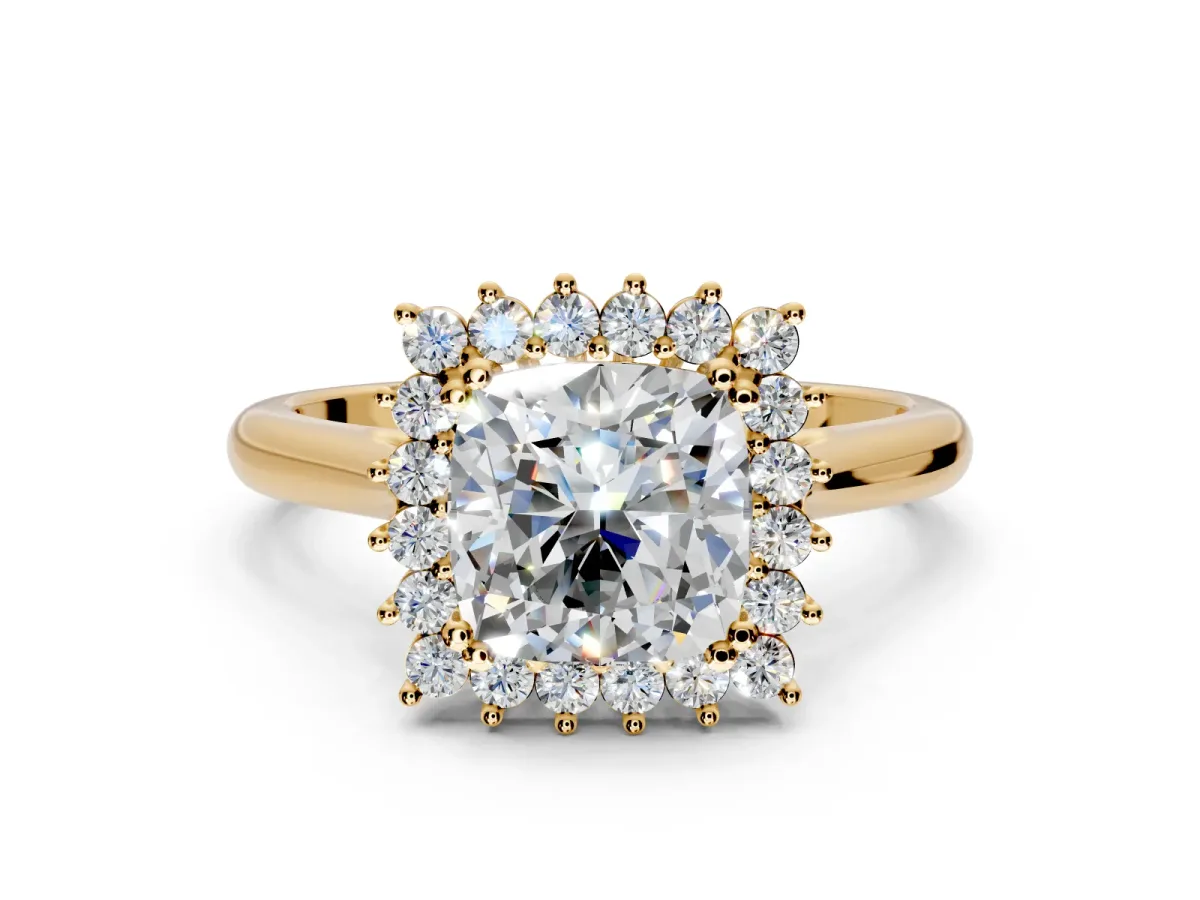 Starburst Halo Engagement Ring Setting for Cushion Cut Center with Thin Round-Wire Band and Prong Head in Yellow Gold