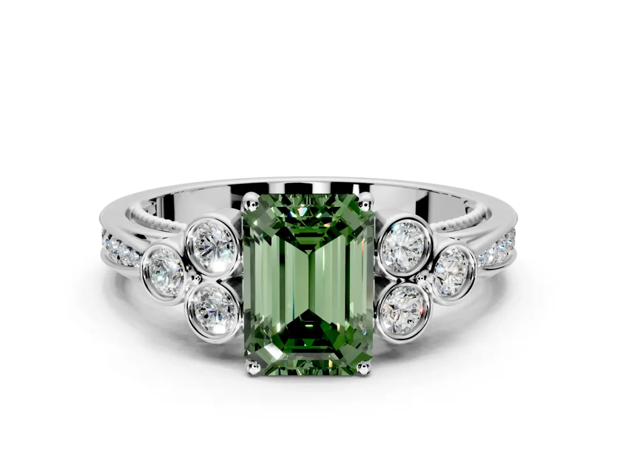 Cluster Engagement Ring Setting for Fancy Green Emerald Cut Center with Bezel Accent Clusters and Prong Head in White Gold