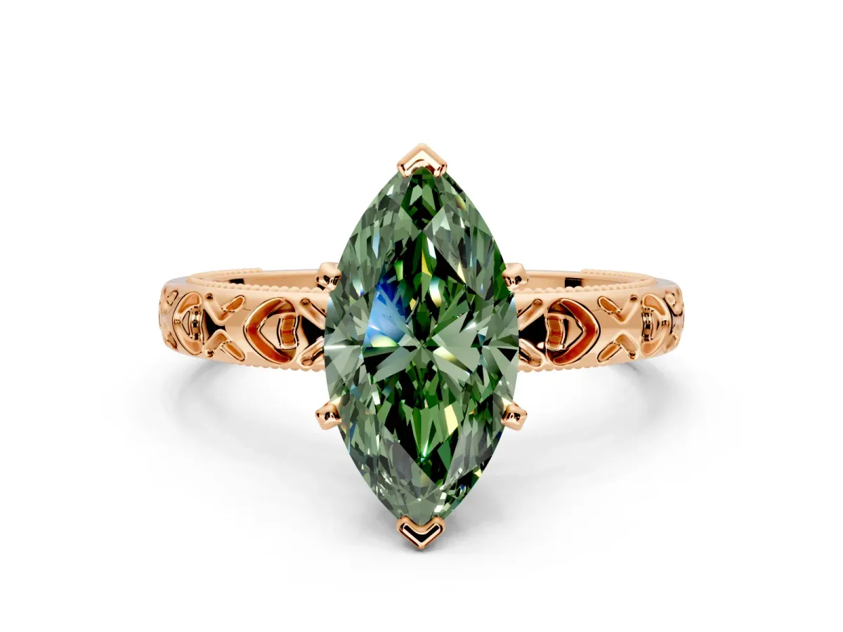 Solitaire Engagement Ring Setting for Fancy Green Marquise Center with XO Engraved Band and Prong Head in Rose Gold