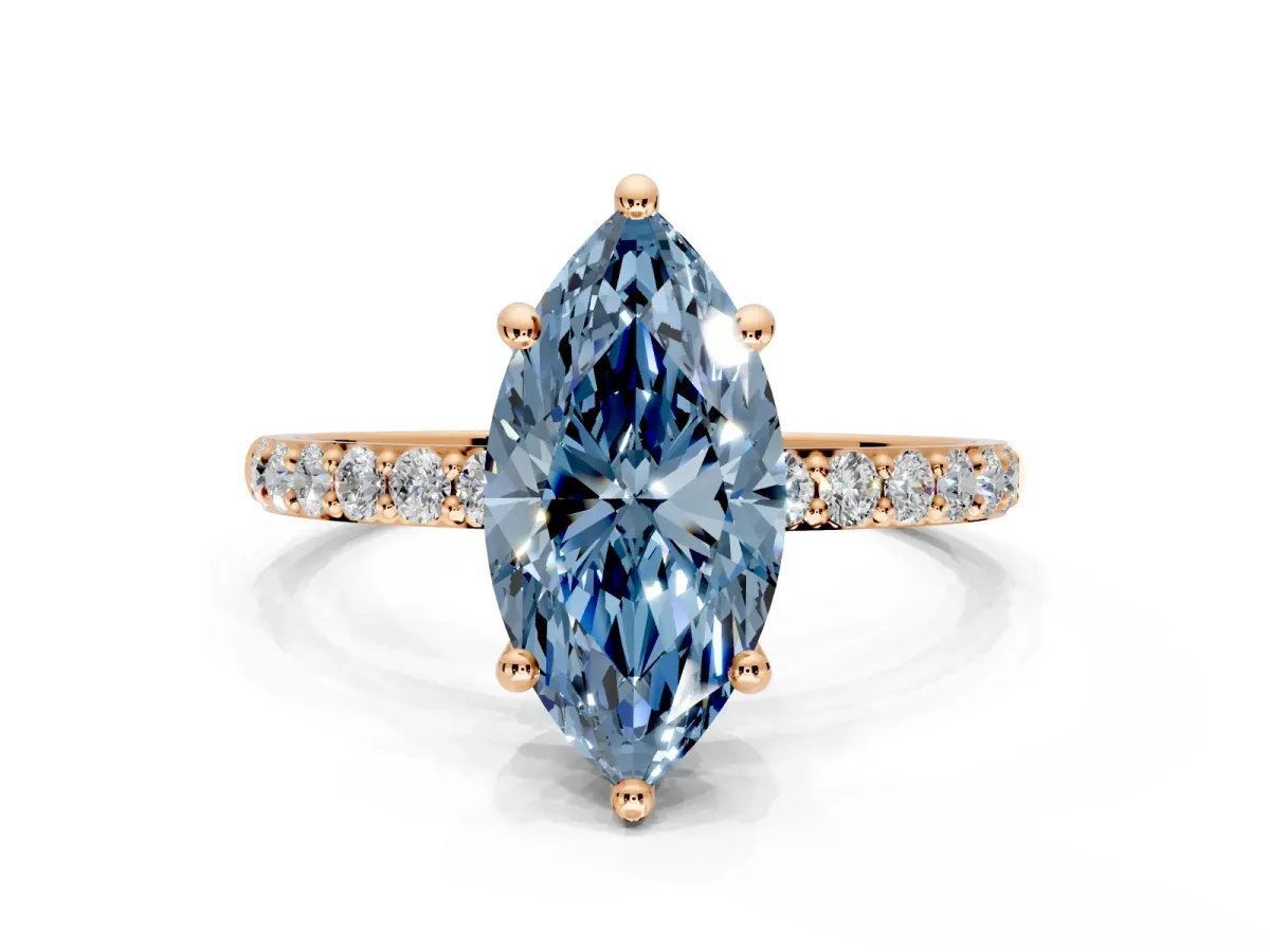 Solitaire Engagement Ring Setting for Fancy Blue Marquise Center with Pave Accents and Prong Head in Rose Gold