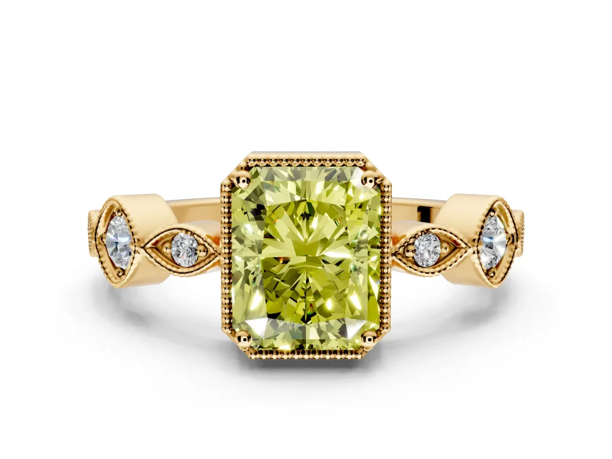 Vintage Station Engagement Ring Setting for Fancy Yellow Radiant Cut Center with Accents and Prong Head in Yellow Gold