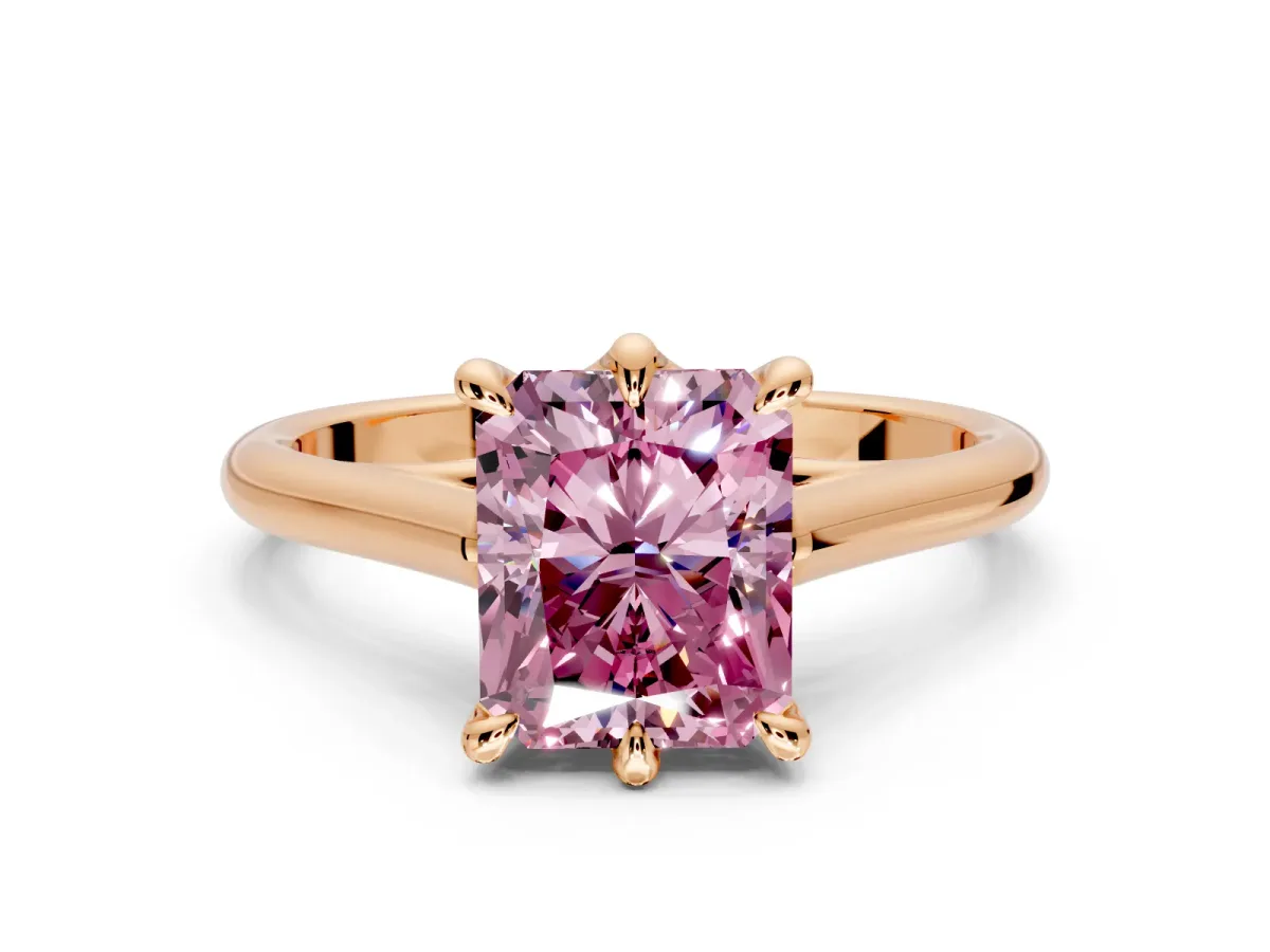 Solitaire Engagement Ring Setting for Fancy Pink Radiant Cut Center with Cathedral Band and Prong Head in Rose Gold
