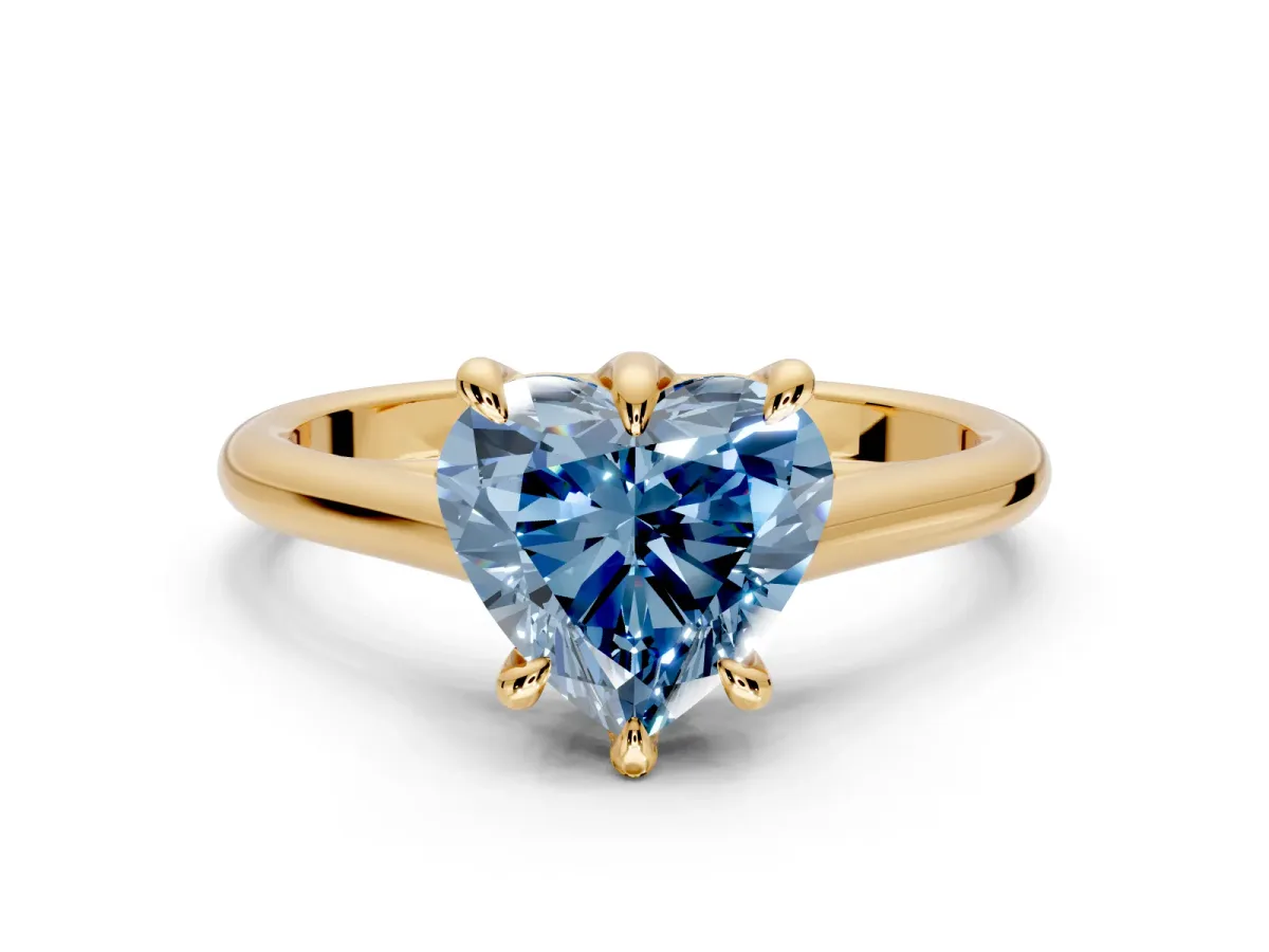 Solitaire Engagement Ring Setting for Fancy Blue Heart-Shaped Center with Cathedral Band and Prong Head in Yellow Gold