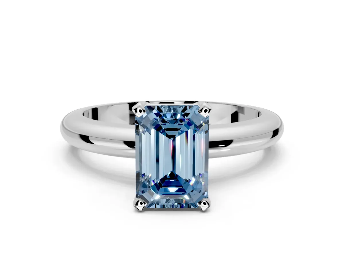 Solitaire Engagement Ring Setting for Fancy Blue Emerald Cut Center with Wire Band and Prong Head in White Gold