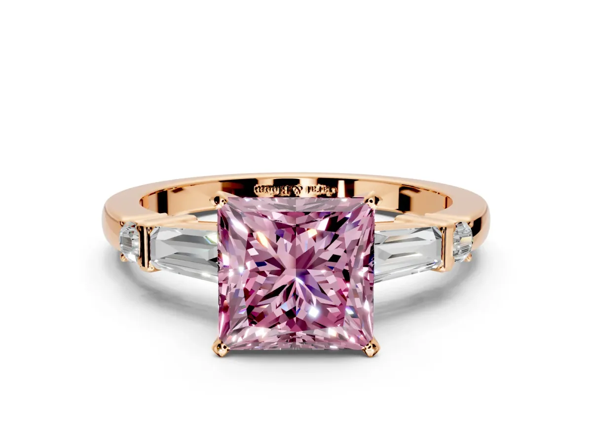 Bar-Set Engagement Ring Setting for Fancy Pink Princess Cut Center with Tapered Baguette Accents and Prong Head in Rose Gold