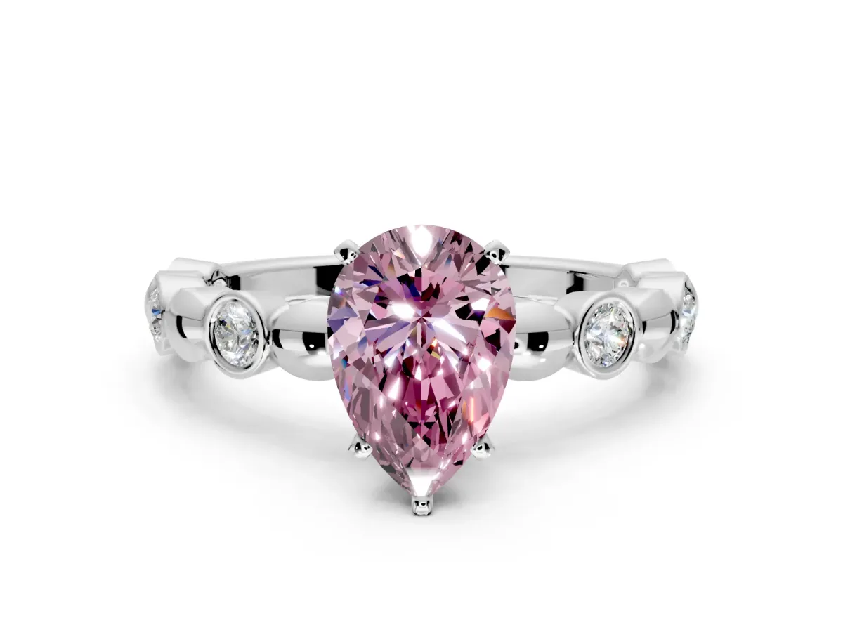 Solitaire Engagement Ring Setting for Fancy Pink Pear-Shaped Center with Beaded Bezel Station Band and Prong Head in Platinum