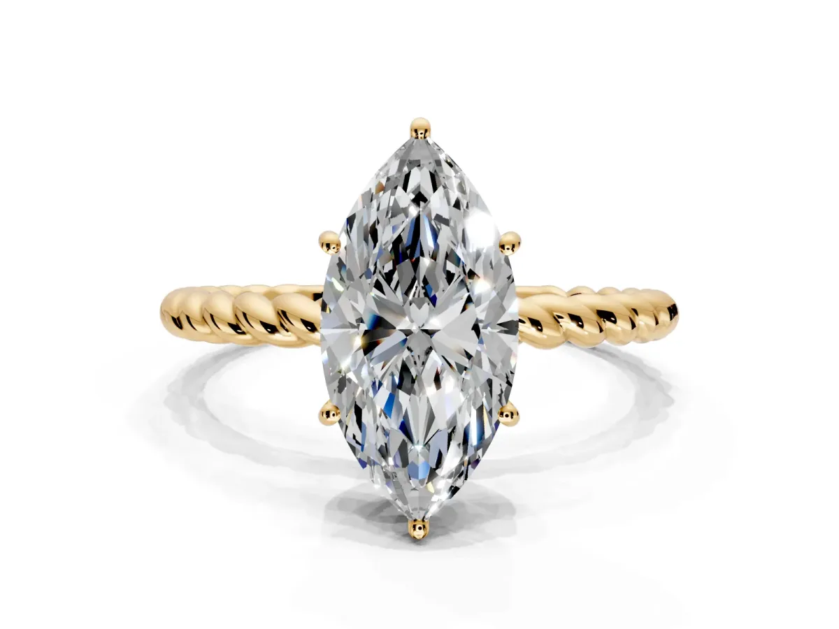 Solitaire Engagement Ring Setting for Marquise Center with Plain Twisted Rope Band and Prong Head in Yellow Gold