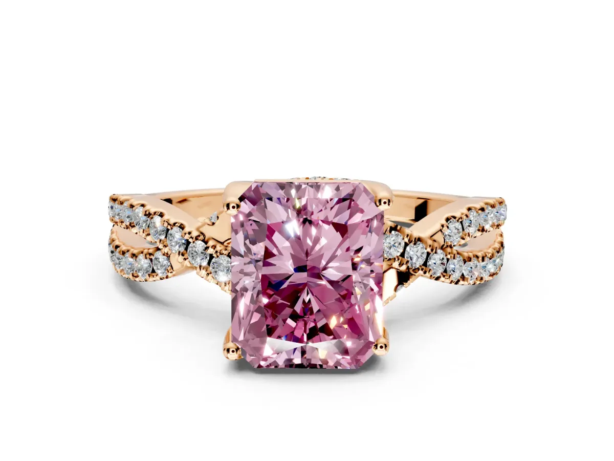 Solitaire Engagement Ring Setting for Fancy Pink Radiant Cut Center with Narrow Twist Pave Band and Prong Head in Rose Gold