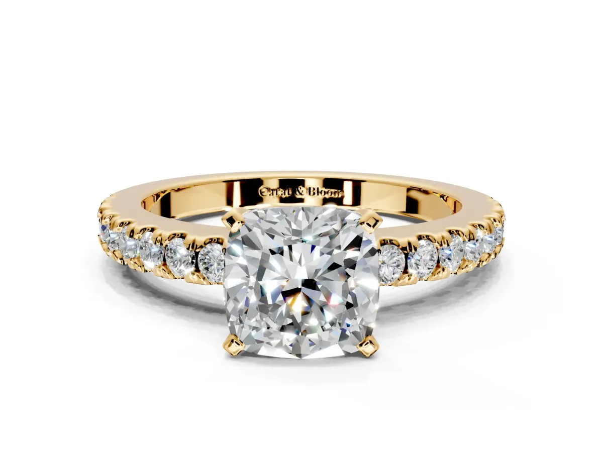 Solitaire Engagement Ring Setting for Cushion Cut Center with Single Row Accent Band and Prong Head in Yellow Gold